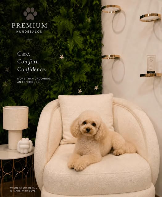 Gepflegter Hund auf einem Sessel vor einer Pflanzenwand im Salon